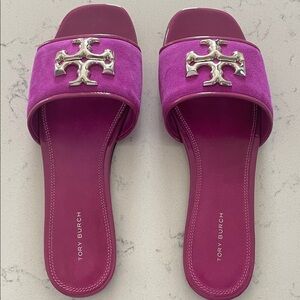 Tory Burch Fuchsia Slide Sandals with Silver Logo, size 9.